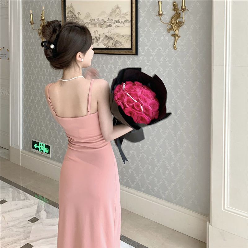 Vogue Pink High-Slit 3D Floral Design Maxi Dress Elegant Spaghetti Strap Cinched-Waist Evening Party Long Dress AP1759