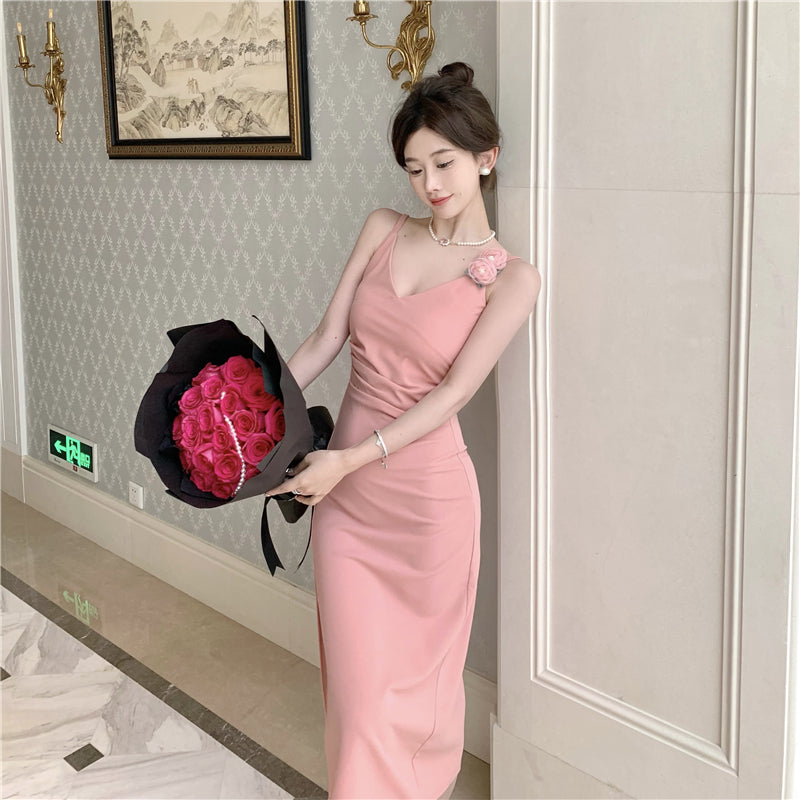 Vogue Pink High-Slit 3D Floral Design Maxi Dress Elegant Spaghetti Strap Cinched-Waist Evening Party Long Dress AP1759