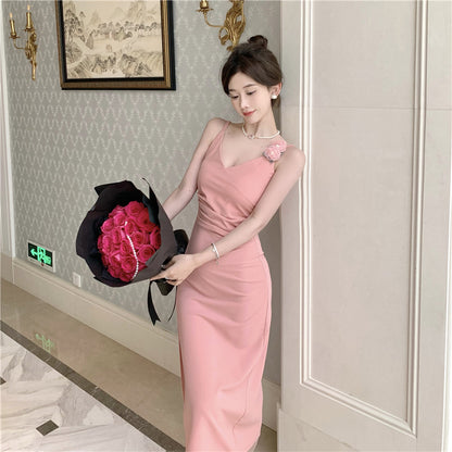 Vogue Pink High-Slit 3D Floral Design Maxi Dress Elegant Spaghetti Strap Cinched-Waist Evening Party Long Dress AP1759