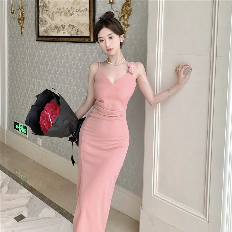 Vogue Pink High-Slit 3D Floral Design Maxi Dress Elegant Spaghetti Strap Cinched-Waist Evening Party Long Dress AP1759