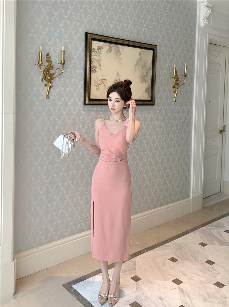 Vogue Pink High-Slit 3D Floral Design Maxi Dress Elegant Spaghetti Strap Cinched-Waist Evening Party Long Dress AP1759
