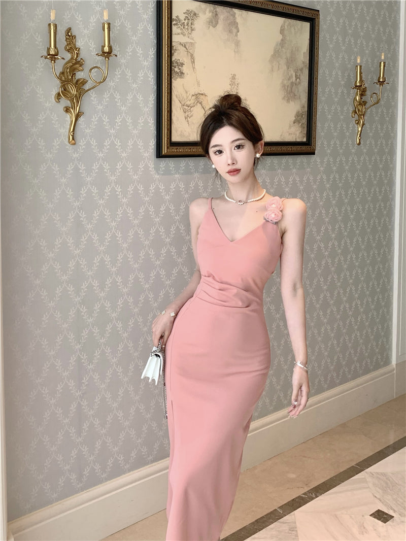 Vogue Pink High-Slit 3D Floral Design Maxi Dress Elegant Spaghetti Strap Cinched-Waist Evening Party Long Dress AP1759