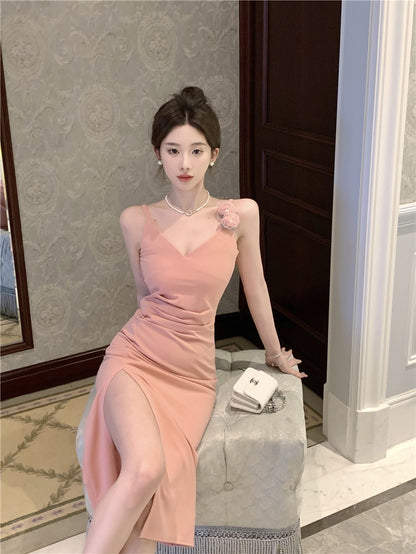 Vogue Pink High-Slit 3D Floral Design Maxi Dress Elegant Spaghetti Strap Cinched-Waist Evening Party Long Dress AP1759