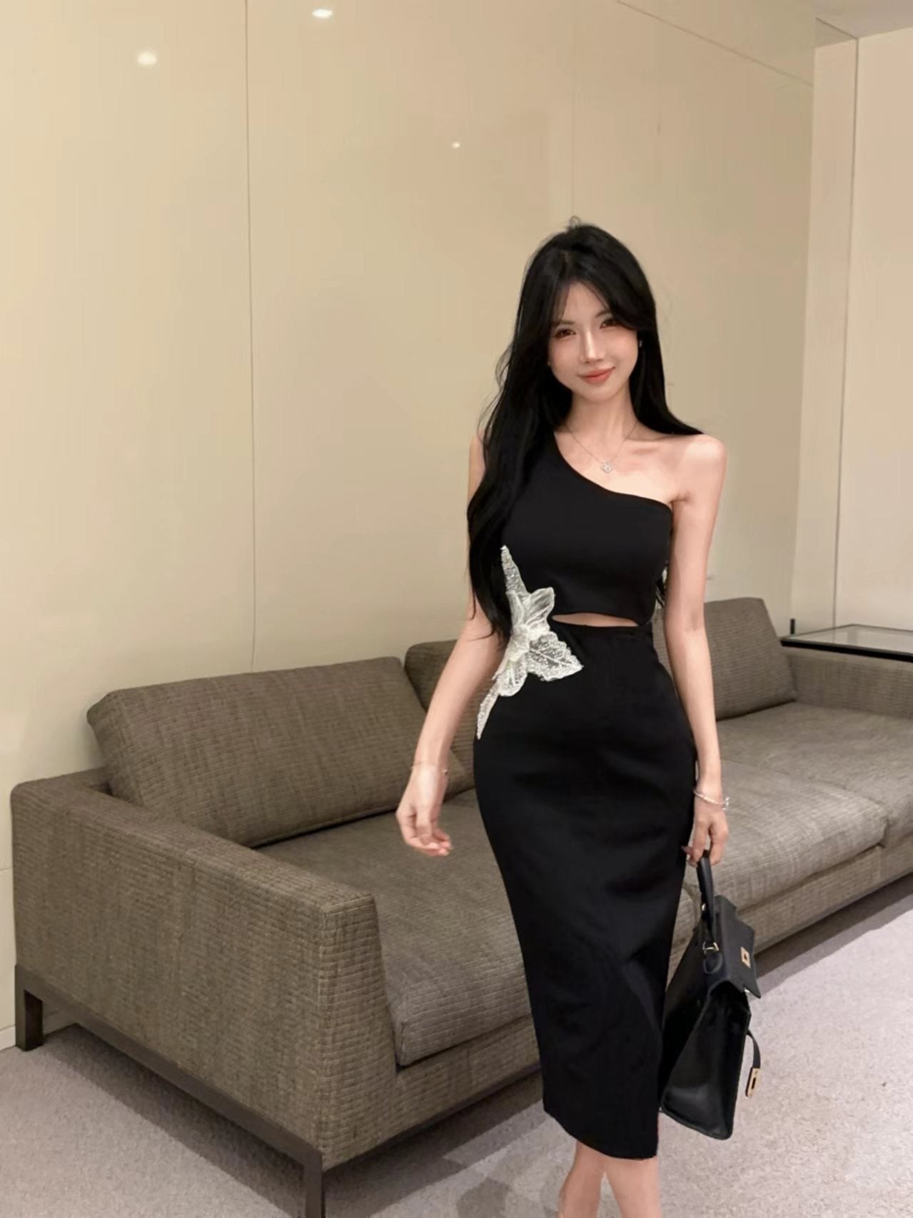 French-Inspired One Shoulder Open-Waist Slit Midi Dress Novelty Butterfly Accent Sheath Long Dress AP1760