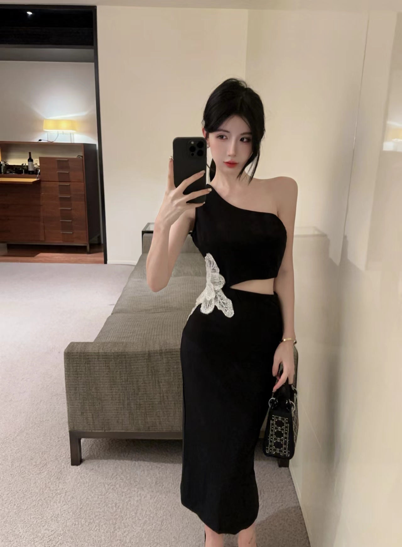 French-Inspired One Shoulder Open-Waist Slit Midi Dress Novelty Butterfly Accent Sheath Long Dress AP1760