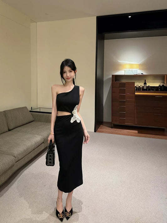 French-Inspired One Shoulder Open-Waist Slit Midi Dress Novelty Butterfly Accent Sheath Long Dress AP1760