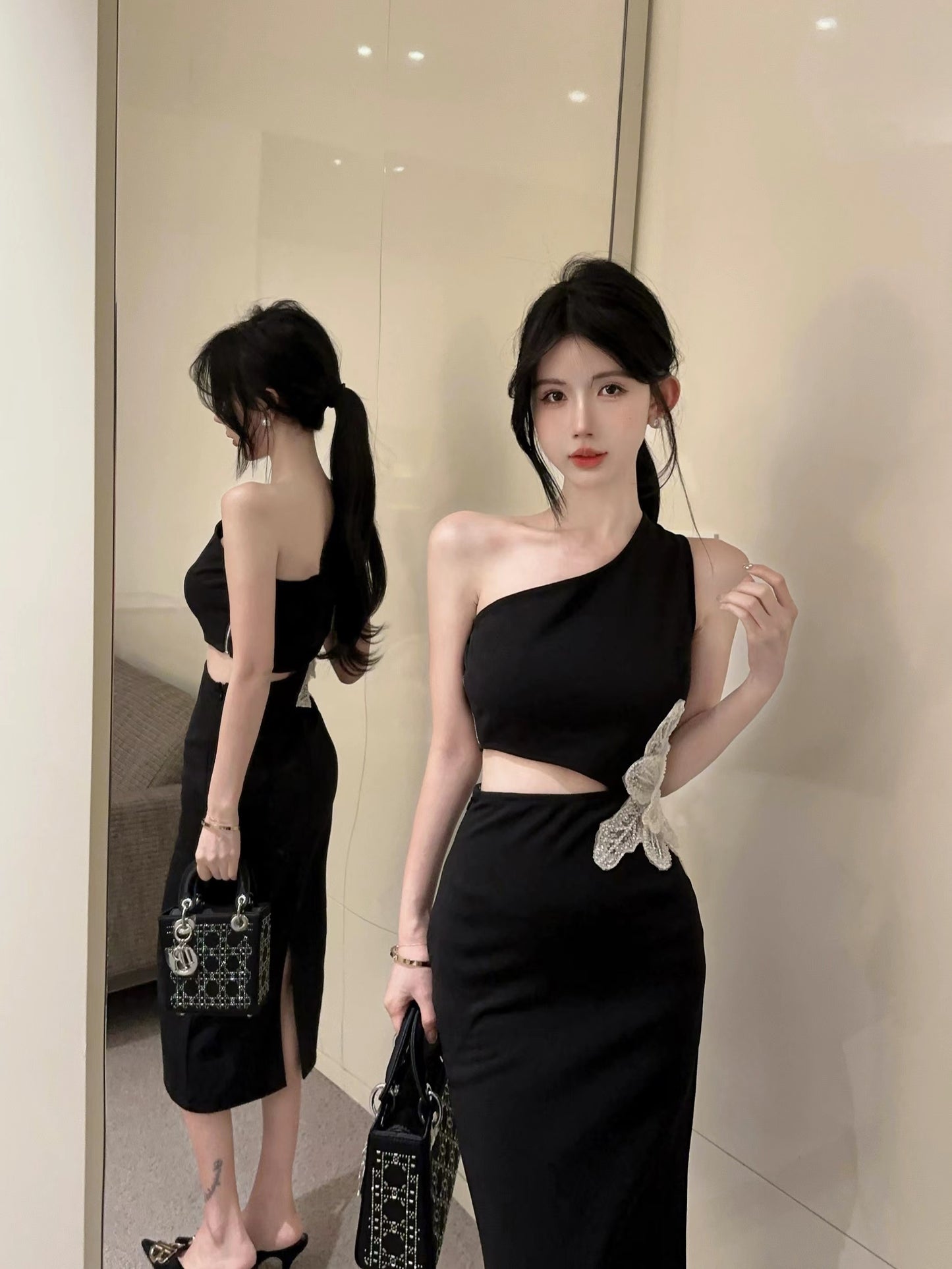 French-Inspired One Shoulder Open-Waist Slit Midi Dress Novelty Butterfly Accent Sheath Long Dress AP1760