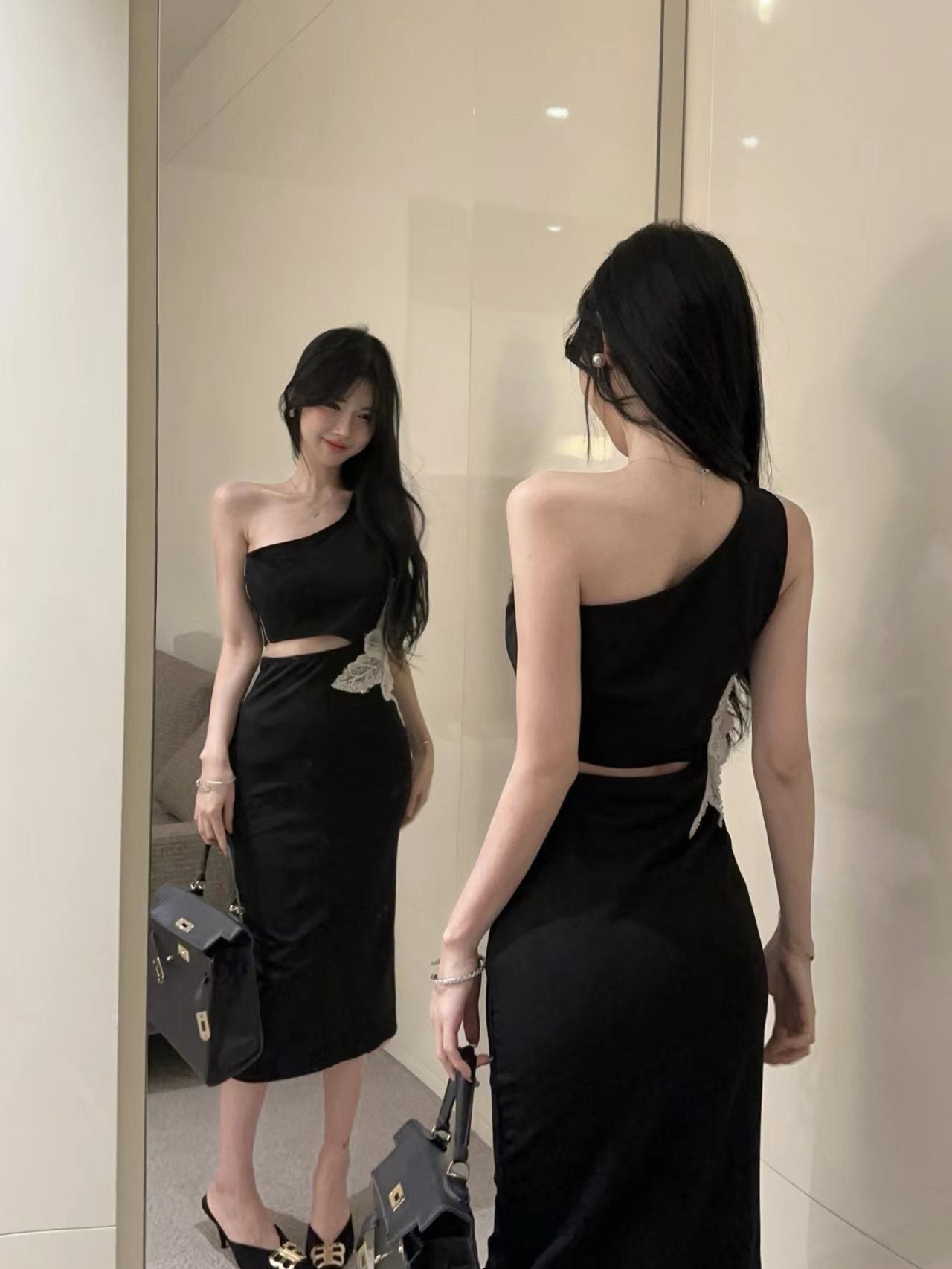 French-Inspired One Shoulder Open-Waist Slit Midi Dress Novelty Butterfly Accent Sheath Long Dress AP1760