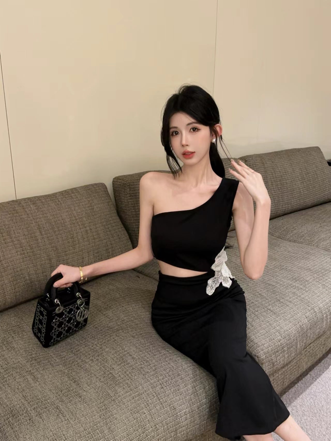 French-Inspired One Shoulder Open-Waist Slit Midi Dress Novelty Butterfly Accent Sheath Long Dress AP1760