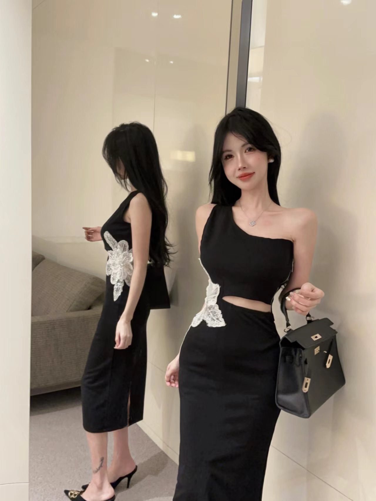 French-Inspired One Shoulder Open-Waist Slit Midi Dress Novelty Butterfly Accent Sheath Long Dress AP1760