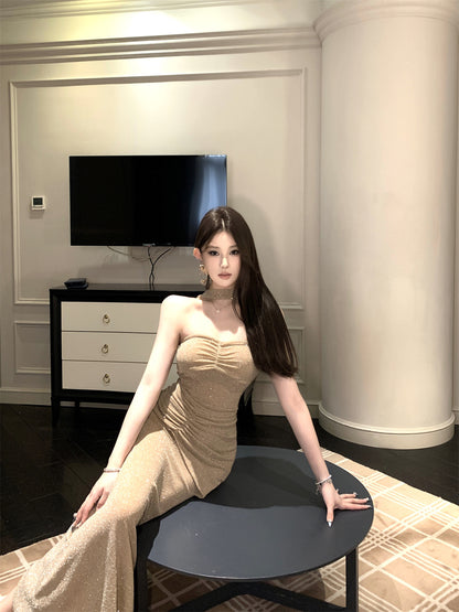 Fashionable High-Slit Glittering Sequins Maxi Dress Chic Feast Outfit Mermaid Ruched Halter Long Dress AP1761