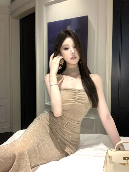 Fashionable High-Slit Glittering Sequins Maxi Dress Chic Feast Outfit Mermaid Ruched Halter Long Dress AP1761