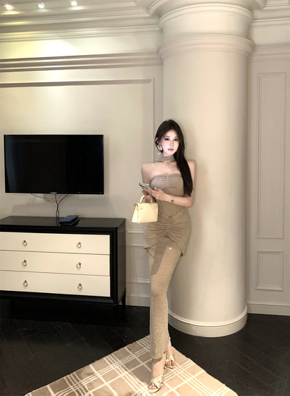 Fashionable High-Slit Glittering Sequins Maxi Dress Chic Feast Outfit Mermaid Ruched Halter Long Dress AP1761