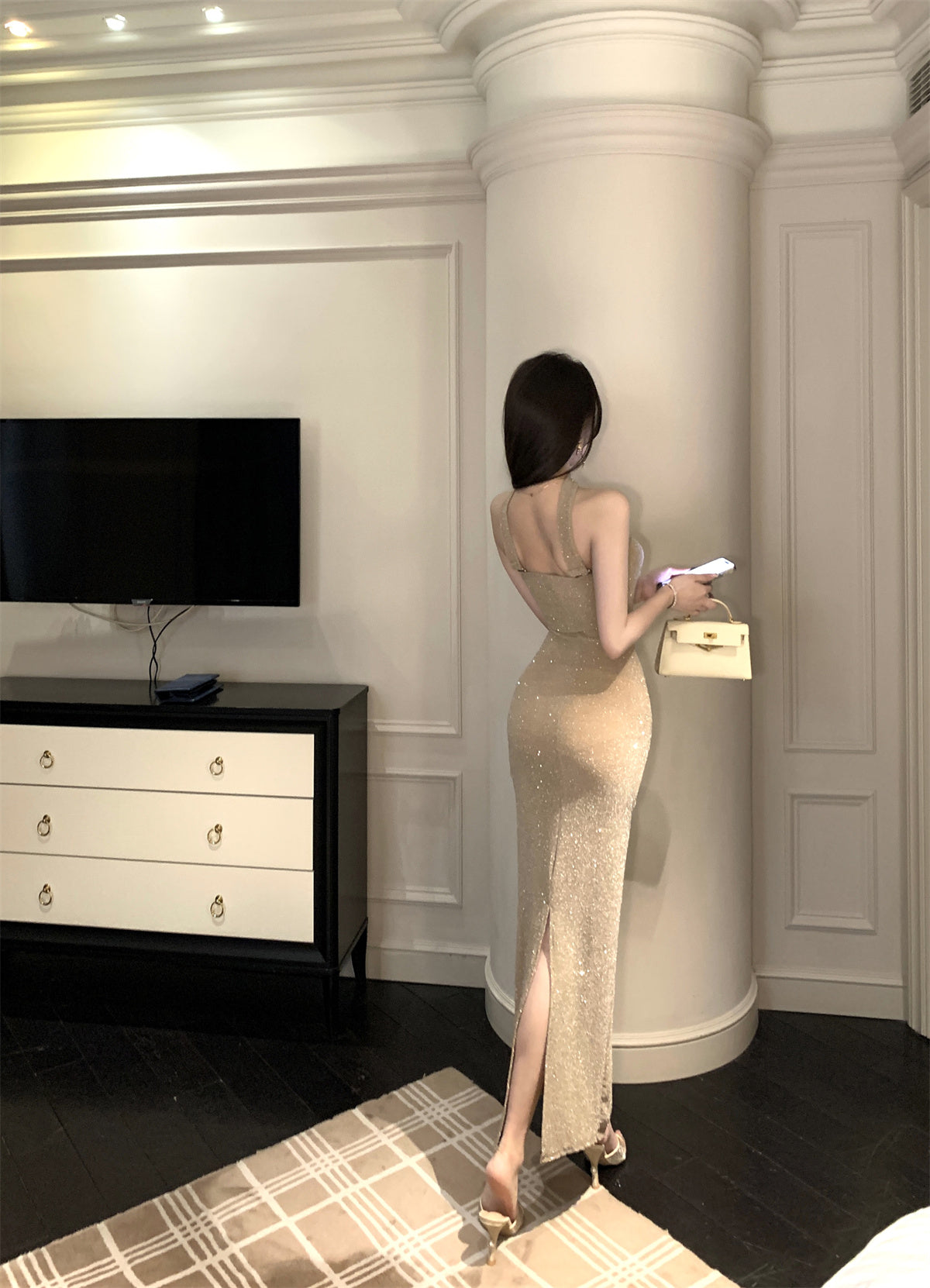 Fashionable High-Slit Glittering Sequins Maxi Dress Chic Feast Outfit Mermaid Ruched Halter Long Dress AP1761