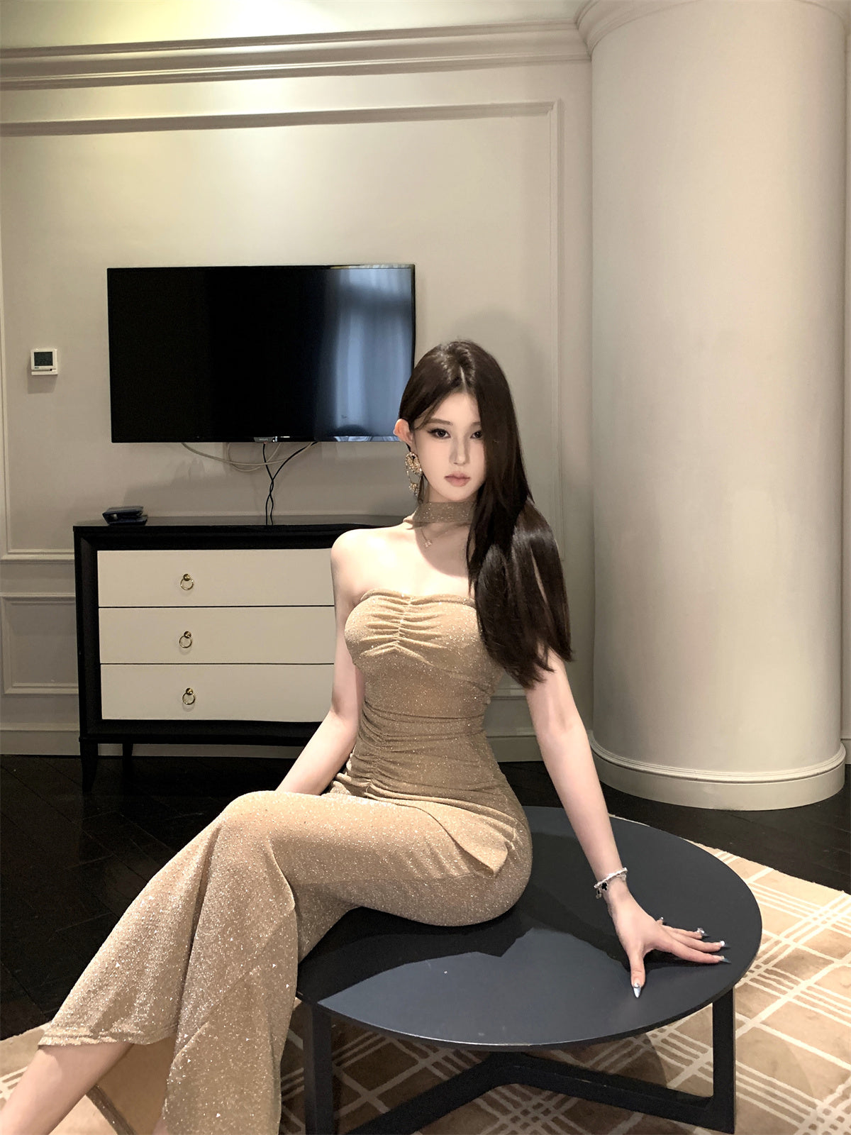 Fashionable High-Slit Glittering Sequins Maxi Dress Chic Feast Outfit Mermaid Ruched Halter Long Dress AP1761