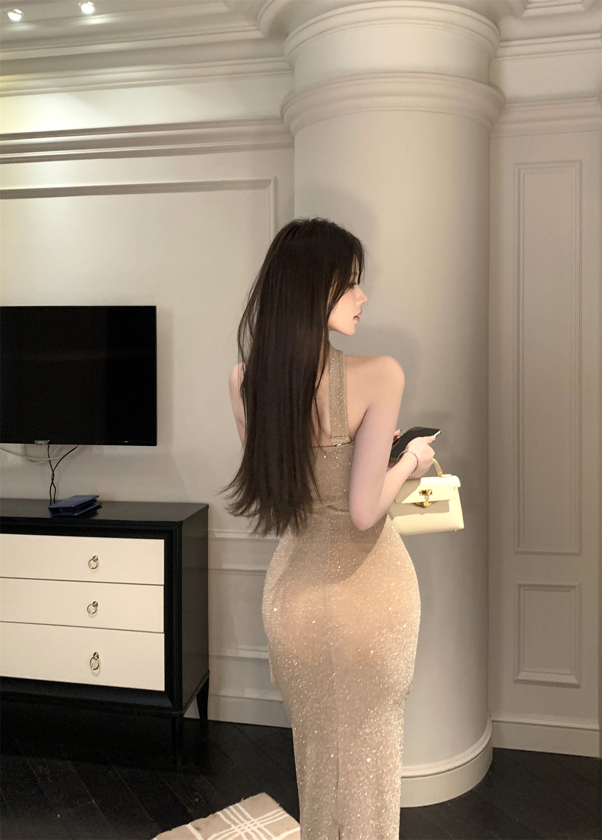 Fashionable High-Slit Glittering Sequins Maxi Dress Chic Feast Outfit Mermaid Ruched Halter Long Dress AP1761