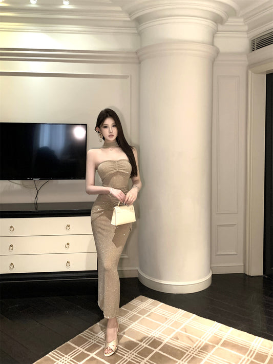 Fashionable High-Slit Glittering Sequins Maxi Dress Chic Feast Outfit Mermaid Ruched Halter Long Dress AP1761