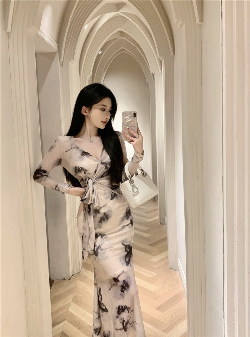Charming Ink-Printed Artistic Waist Tie Maxi Dress Elegant Sheer Long Sleeves Luxury Events Long Dress AP1762
