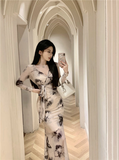 Charming Ink-Printed Artistic Waist Tie Maxi Dress Elegant Sheer Long Sleeves Luxury Events Long Dress AP1762