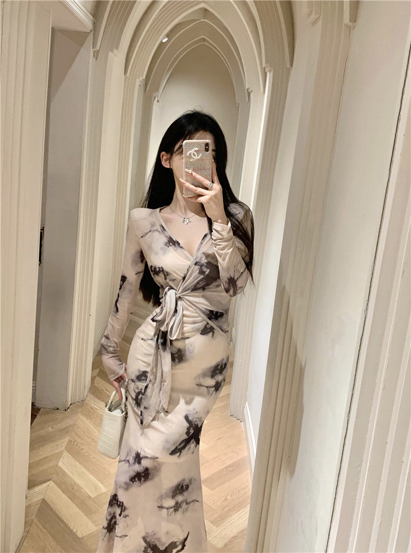 Charming Ink-Printed Artistic Waist Tie Maxi Dress Elegant Sheer Long Sleeves Luxury Events Long Dress AP1762