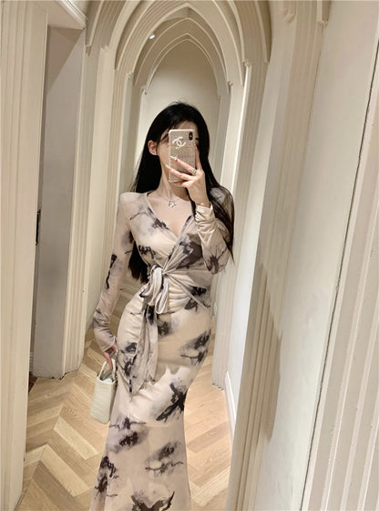 Charming Ink-Printed Artistic Waist Tie Maxi Dress Elegant Sheer Long Sleeves Luxury Events Long Dress AP1762