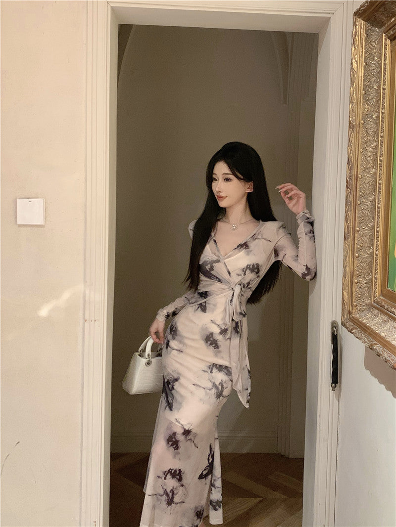 Charming Ink-Printed Artistic Waist Tie Maxi Dress Elegant Sheer Long Sleeves Luxury Events Long Dress AP1762