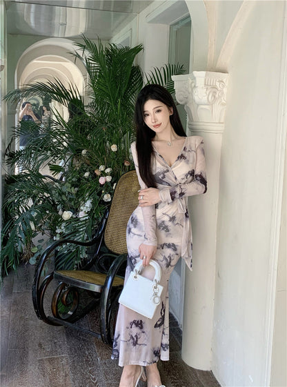 Charming Ink-Printed Artistic Waist Tie Maxi Dress Elegant Sheer Long Sleeves Luxury Events Long Dress AP1762