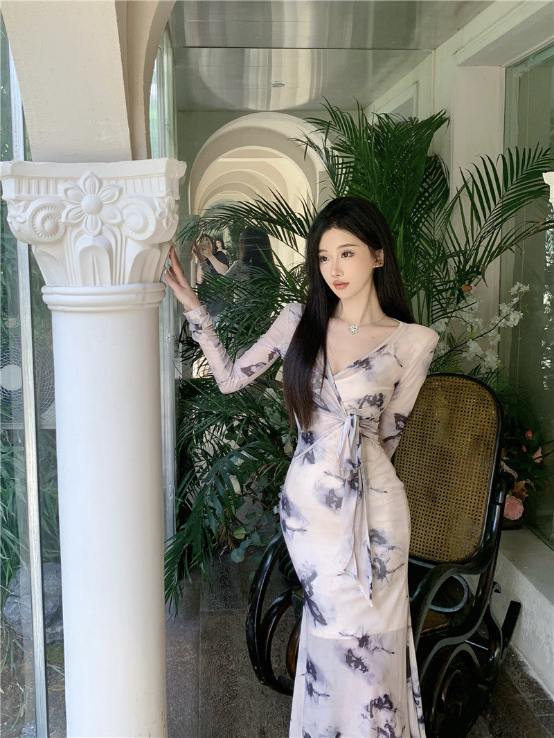 Charming Ink-Printed Artistic Waist Tie Maxi Dress Elegant Sheer Long Sleeves Luxury Events Long Dress AP1762