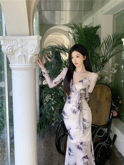 Charming Ink-Printed Artistic Waist Tie Maxi Dress Elegant Sheer Long Sleeves Luxury Events Long Dress AP1762