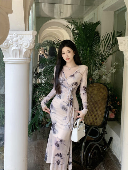 Charming Ink-Printed Artistic Waist Tie Maxi Dress Elegant Sheer Long Sleeves Luxury Events Long Dress AP1762