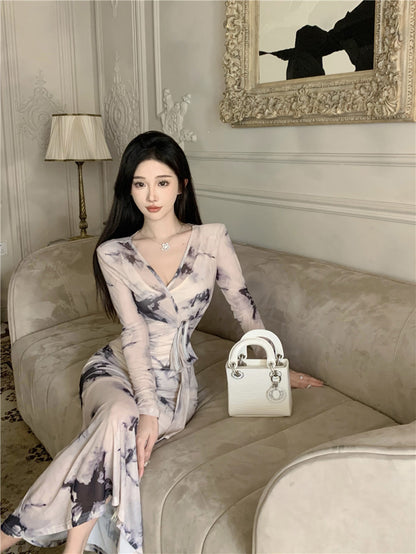 Charming Ink-Printed Artistic Waist Tie Maxi Dress Elegant Sheer Long Sleeves Luxury Events Long Dress AP1762