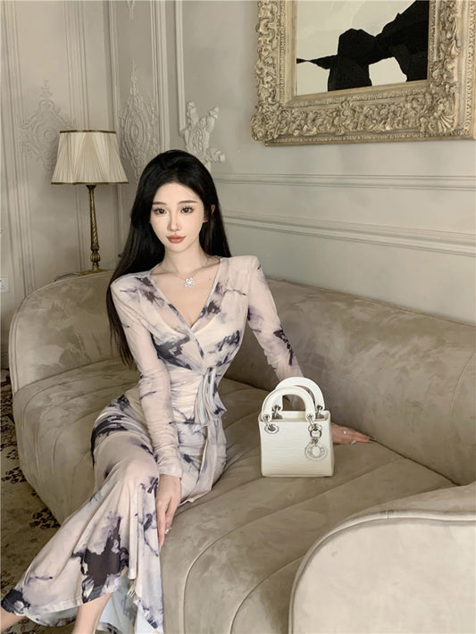 Charming Ink-Printed Artistic Waist Tie Maxi Dress Elegant Sheer Long Sleeves Luxury Events Long Dress AP1762