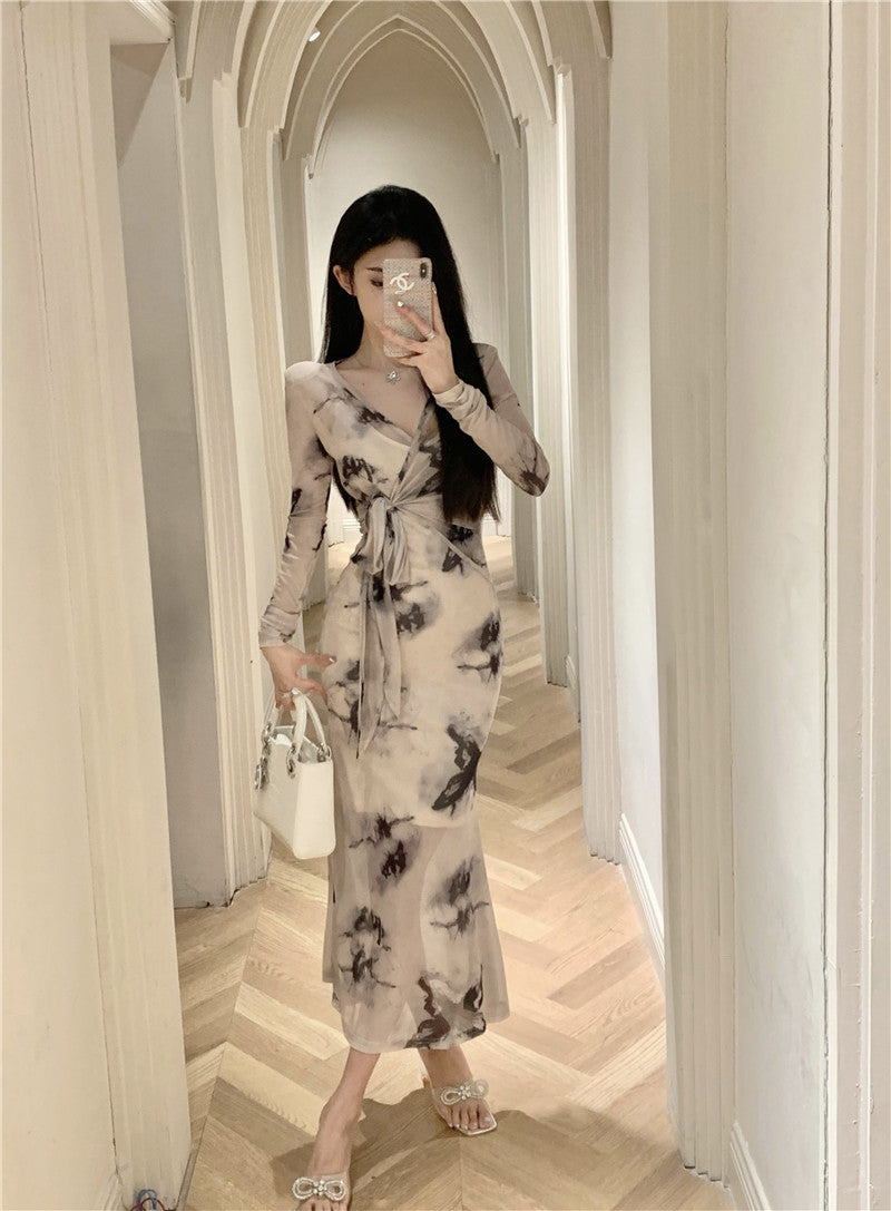 Charming Ink-Printed Artistic Waist Tie Maxi Dress Elegant Sheer Long Sleeves Luxury Events Long Dress AP1762