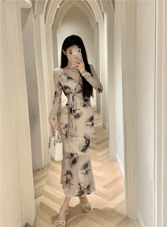 Charming Ink-Printed Artistic Waist Tie Maxi Dress Elegant Sheer Long Sleeves Luxury Events Long Dress AP1762
