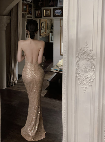 Luxurious Gold Sequin Cowl Neck Maxi Dress Charming Evening Parties Mermaid Backless Halter Long Dress AP1763