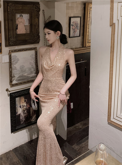 Luxurious Gold Sequin Cowl Neck Maxi Dress Charming Evening Parties Mermaid Backless Halter Long Dress AP1763