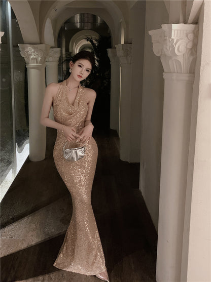 Luxurious Gold Sequin Cowl Neck Maxi Dress Charming Evening Parties Mermaid Backless Halter Long Dress AP1763
