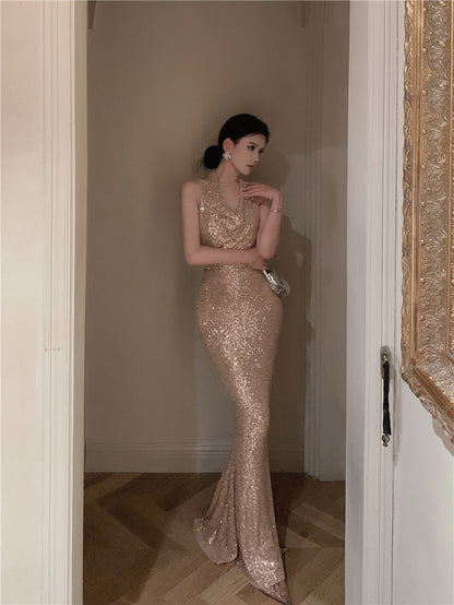 Luxurious Gold Sequin Cowl Neck Maxi Dress Charming Evening Parties Mermaid Backless Halter Long Dress AP1763