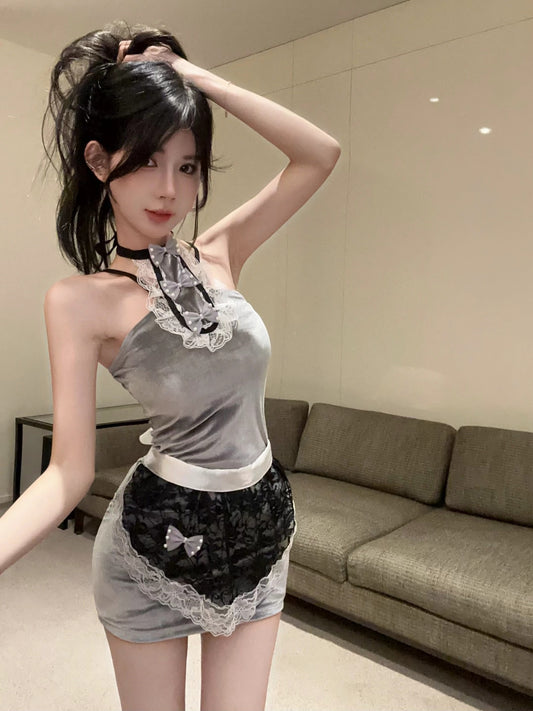 Vintage-Inspired Grey Velvet Date Nights Mini Dress Lace Apron Bow Details Short Dress AP1764