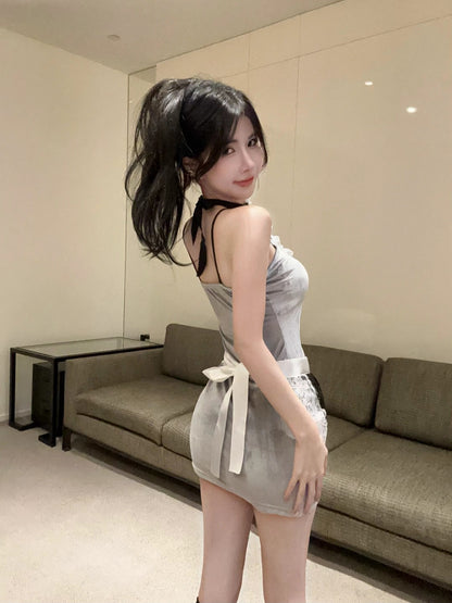Vintage-Inspired Grey Velvet Date Nights Mini Dress Lace Apron Bow Details Short Dress AP1764