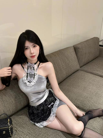 Vintage-Inspired Grey Velvet Date Nights Mini Dress Lace Apron Bow Details Short Dress AP1764