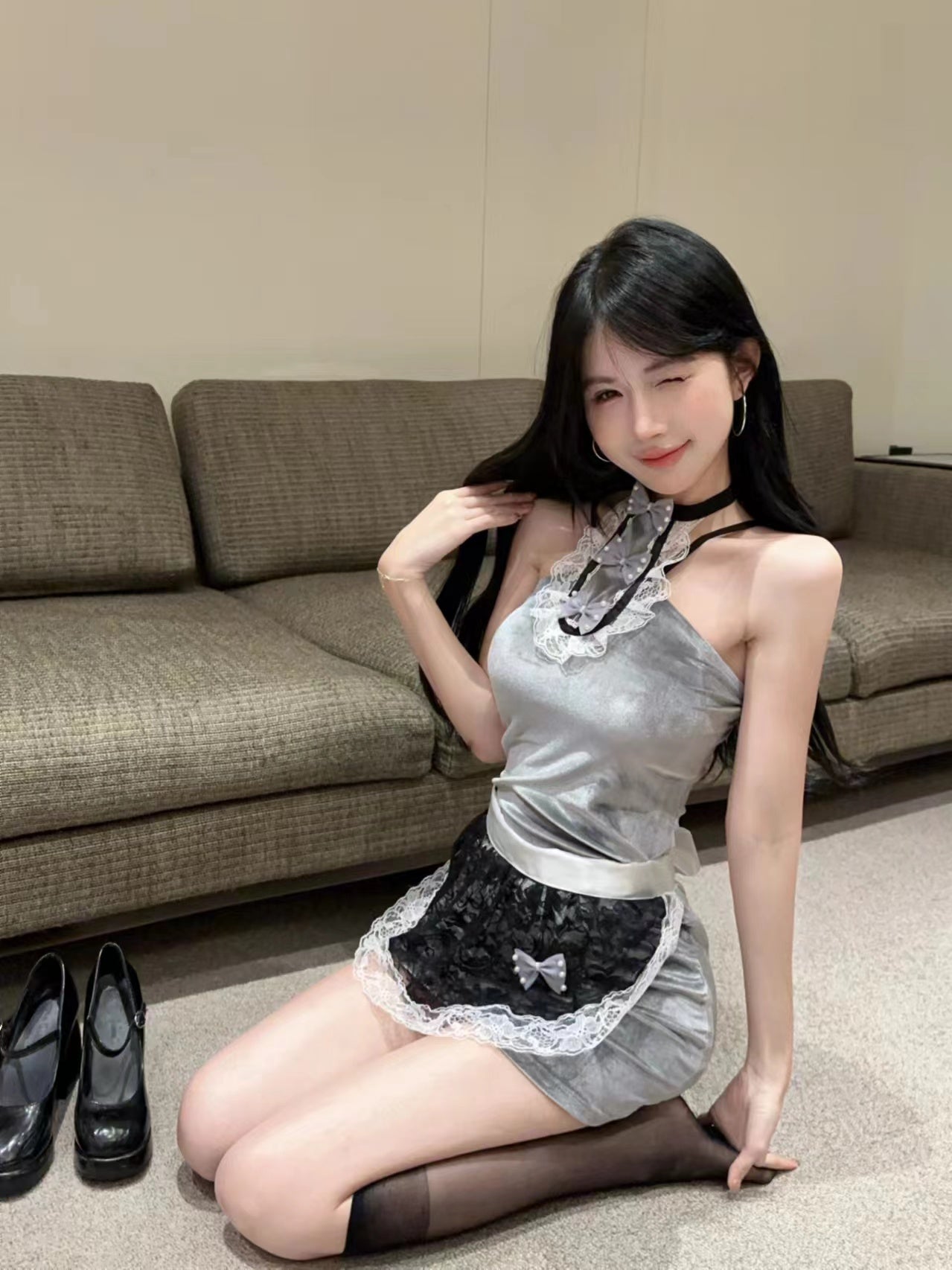 Vintage-Inspired Grey Velvet Date Nights Mini Dress Lace Apron Bow Details Short Dress AP1764