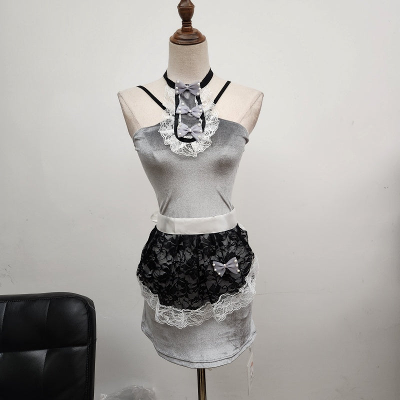 Vintage-Inspired Grey Velvet Date Nights Mini Dress Lace Apron Bow Details Short Dress AP1764