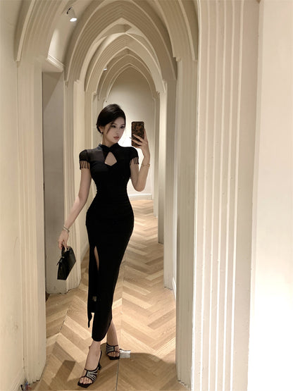 Fantastic Keyhole Cutout High Side Slit Mermaid Maxi Dress Vogue Sheer Mesh Short Sleeves with Fringe Halter Long Dress AP1765