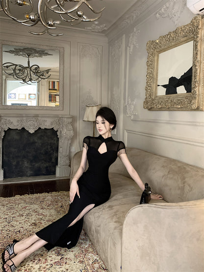 Fantastic Keyhole Cutout High Side Slit Mermaid Maxi Dress Vogue Sheer Mesh Short Sleeves with Fringe Halter Long Dress AP1765