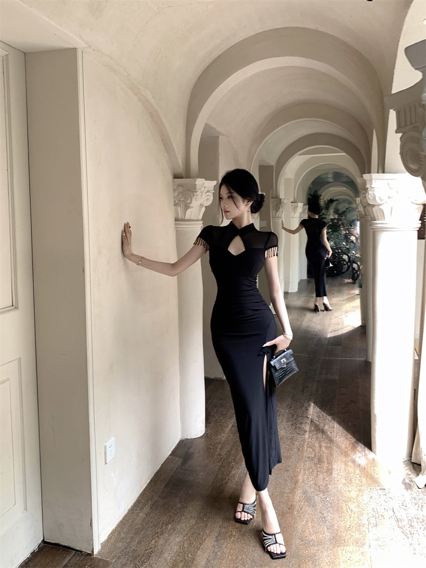 Fantastic Keyhole Cutout High Side Slit Mermaid Maxi Dress Vogue Sheer Mesh Short Sleeves with Fringe Halter Long Dress AP1765