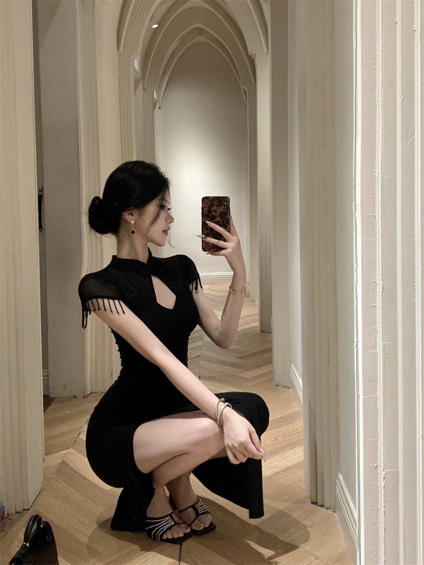 Fantastic Keyhole Cutout High Side Slit Mermaid Maxi Dress Vogue Sheer Mesh Short Sleeves with Fringe Halter Long Dress AP1765