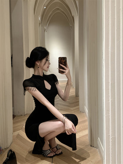 Fantastic Keyhole Cutout High Side Slit Mermaid Maxi Dress Vogue Sheer Mesh Short Sleeves with Fringe Halter Long Dress AP1765