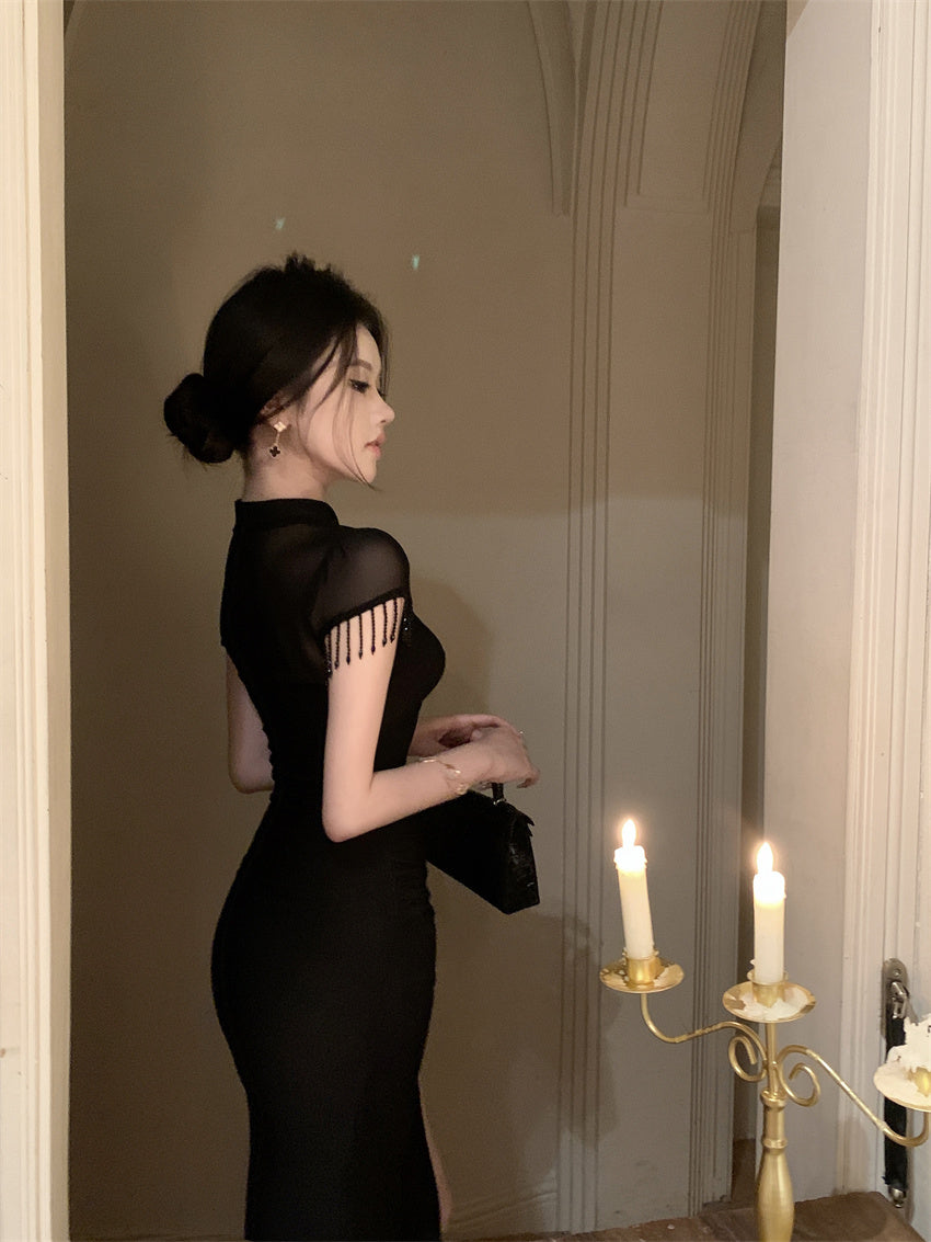 Fantastic Keyhole Cutout High Side Slit Mermaid Maxi Dress Vogue Sheer Mesh Short Sleeves with Fringe Halter Long Dress AP1765