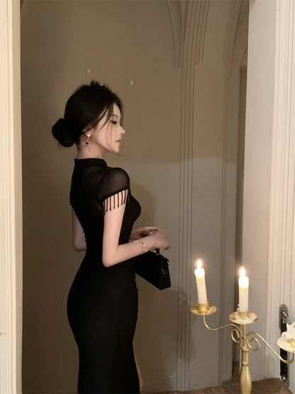 Fantastic Keyhole Cutout High Side Slit Mermaid Maxi Dress Vogue Sheer Mesh Short Sleeves with Fringe Halter Long Dress AP1765